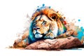 picture of colorful dangerous lion lying on stone on white background