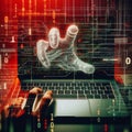 Concept of Cyber security threat and attack, hacker hand in computer monitor Royalty Free Stock Photo