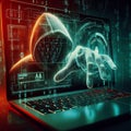 Concept of Cyber security threat and attack, hacker hand in computer monitor Royalty Free Stock Photo