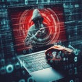 Concept of Cyber security threat and attack, hacker hand in computer monitor Royalty Free Stock Photo