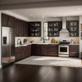 A picture of a contemporary kitchen with stainless steel appliances and dark-colored cabinets