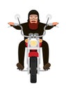 Picture of cool biker character riding a motorbike, character design, front view, flat style illustration