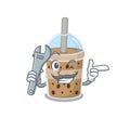 A picture of cool mechanic chocolate bubble tea cartoon character design