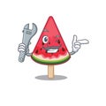 A picture of cool mechanic watermelon ice cream cartoon character design