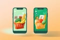 Picture of couple of cell phones with food on them. Perfect for illustrating integration of technology and food in moder