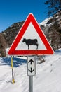 Cow traffic european sign red triangle with mountains on background . Beware of the cow. A warning sign with cattle on european Royalty Free Stock Photo