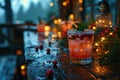 Picture a cozy winter setting with frost-kissed cocktail glass in the center,christmas party cocktails