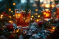 Picture a cozy winter setting with frost-kissed cocktail glass in the center,christmas party cocktails