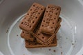 Picture of creamy and chocolatey bourbon biscuits on white background Royalty Free Stock Photo