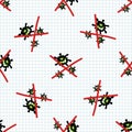 Picture of crossed out sars cov 2 seamless pattern background. Fight , defeat, beat viral spread quarantine of covid 19