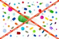 Picture crossing through stop and danger on red ribbon, Symbol image of drugs danger : Many colorful medicines. Pills Royalty Free Stock Photo