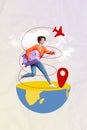 Picture 3d collage poster image artwork of funky happy miniature girl running airport registration abroad isolated