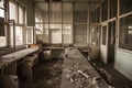 Interior of an abandoned office building, in a dirty and damaged room, with an old desk remaining after the closure and bankrupcy