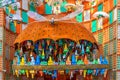 Picture of decorated Durga Puja pandal, Durga Puja is biggest religious festival of Hinduism. Shot at colored light, in Kolkata, Royalty Free Stock Photo