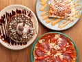 picture of delicious crepe, chocolate waffle and pizza