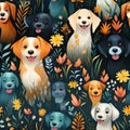 Delightful repeating pattern colorful of various cute adorable dogs breed with fields of flowers