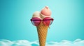 Bright berry ice cream in sunglasses, summer theme.