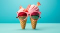 Bright berry ice cream in sunglasses, summer theme.