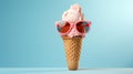 Bright berry ice cream in sunglasses, summer theme.