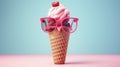 Bright berry ice cream in sunglasses, summer theme.