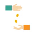 Picture depicting alms. Or money relations. The percentage of the deposit. Coins fall into the hand