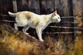 a cat walks along a wooden fence in autumn, generated by AI, generative assistant