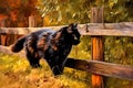 a cat walks along a wooden fence in autumn, generated by AI, generative assistant