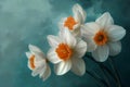 Softly Illuminated: A Trio of Dazzling Daffodils in a Light Blue Royalty Free Stock Photo