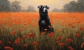 a black dog in a poppy field, under a blue sky. Royalty Free Stock Photo