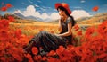 asian girl with black hair in a red hat on a poppy field, under a blue sky. Royalty Free Stock Photo