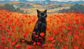 a black cat on a delightful poppy field, under a beautiful blue sky. Royalty Free Stock Photo