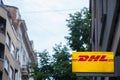 Logo of DHL on one of their Belgrade agencies. Belonging to Deutsche Post, DHL Express provides international courier Royalty Free Stock Photo