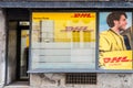 Logo of DHL on one of their Belgrade Service Points. Belonging to Deutsche Post, DHL Express provides international courier Royalty Free Stock Photo