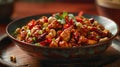 Picture diced chicken, dried chili, cucumber, and fried peanuts or cashews in a bold, spicy sauce AI Generated