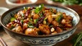 Picture diced chicken, dried chili, cucumber, and fried peanuts or cashews in a bold, spicy sauce AI Generated