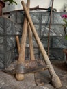 Picture of different tools. mattock, hoe, cross peen hammer, stone breaking hammer