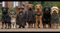 picture with different types of dogs with costumes standing and looking forward
