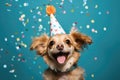 Picture of dog wearing party hat with colorful confetti around it. Royalty Free Stock Photo