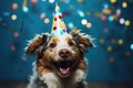 A picture of a dog wearing a party hat with confetti in the background. Royalty Free Stock Photo