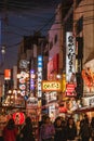 A picture of Dotonbori at night, filled with people and signs advertising shops.