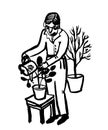 Picture drawing of an elderly man with glasses watering flowers in pots from a garden watering can, caring for home