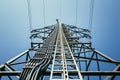 Close up of electrical tower and blue sky. Renewable energy and smart grid