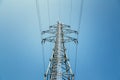 Close up of electrical tower and blue sky. Renewable energy and smart grid