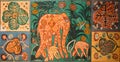 picture of an elephant with two little elephants in a floral ornament