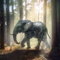 A picture of an elephant in the woods. AI generative image.