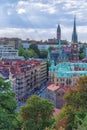 Picture of european city overview from the top with blue sky and clouds