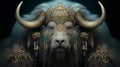 A bull with sheep\'s horns, long wool and fancy decorations, an amazing creature.