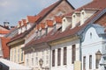 Typical Medieval Facade of an old appartment residential building in a street of old town, the historical center of Ljubljana Royalty Free Stock Photo