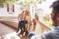 Picture, family and happy grandma, mother and child bonding, smile and father taking outdoor generations photo