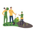 Picture of a family planting in the garden on a white background. Vector illustration.